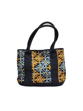 J Crew Quilted Tote Bag Navy Blue Geometric Print Canvas Medium Travel Purse
